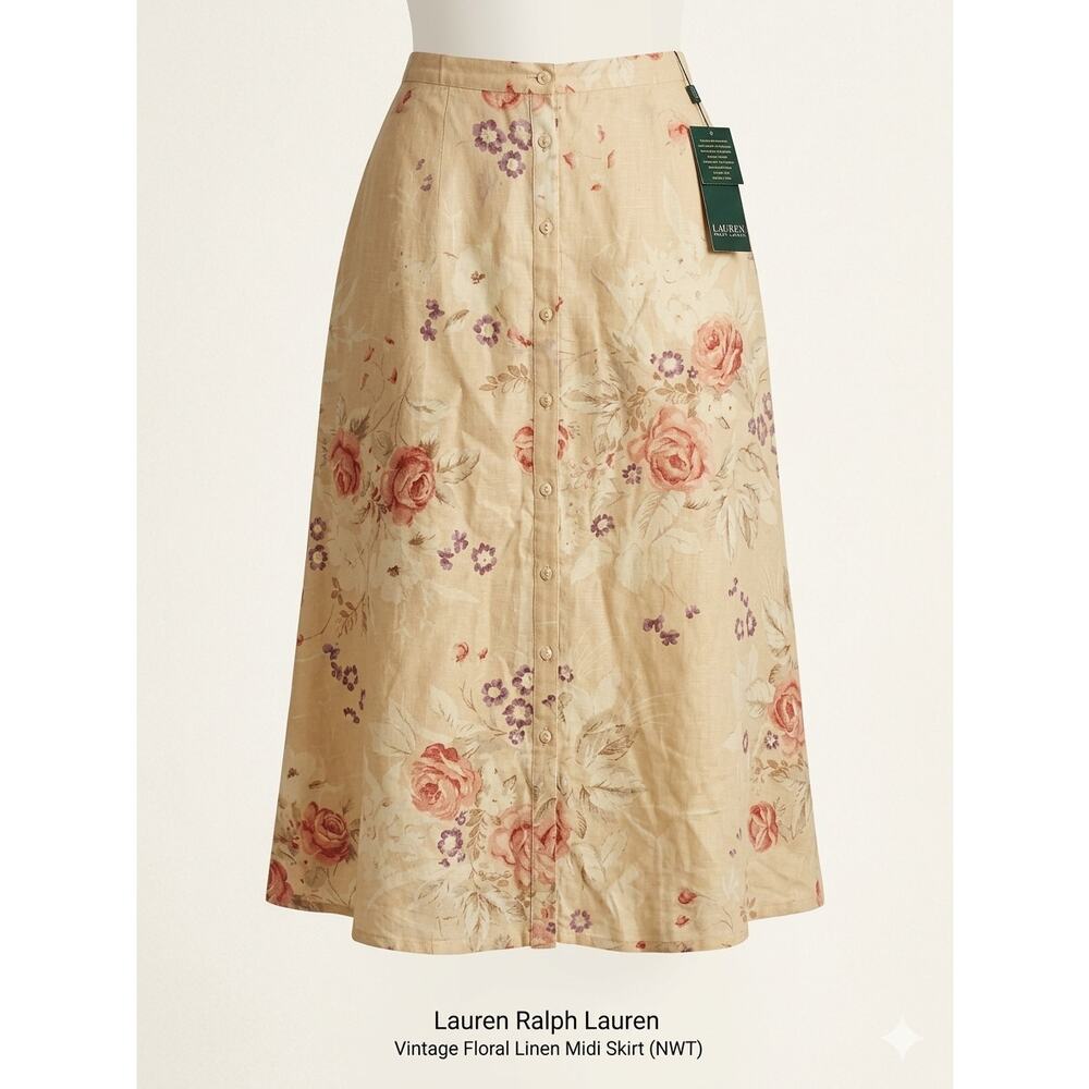 Vintage 90s Ralph Lauren Floral Linen A-Line Midi Skirt Cottagecore Size 14 NWT